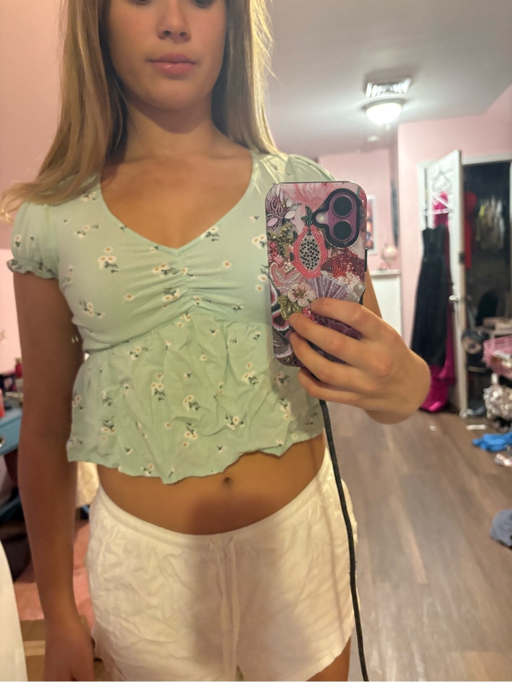 Hollister Mint Green Floral Ruched V-Neck Crop Top